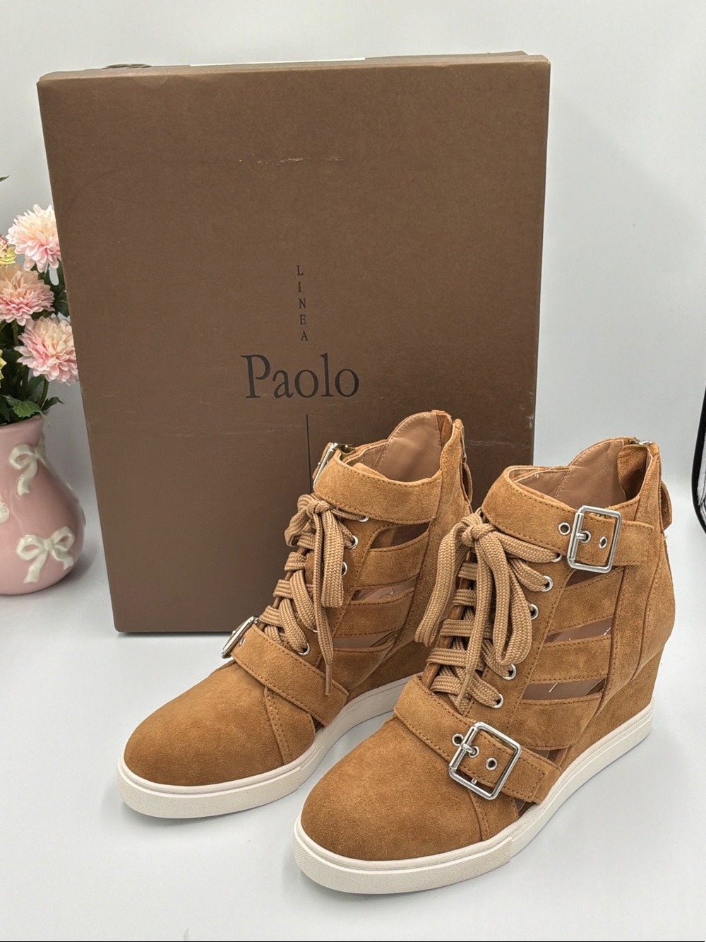 Paolo Cognac Suede Lace-Up Wedge Sneakers
